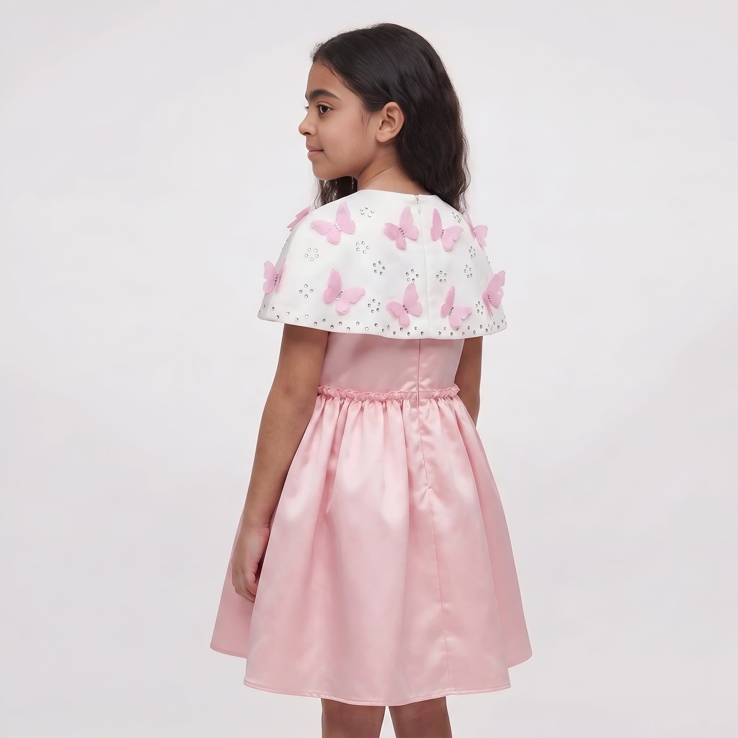 Whimsical Girls Pastel Pink Satin butterfly theme Party Dress with Cape