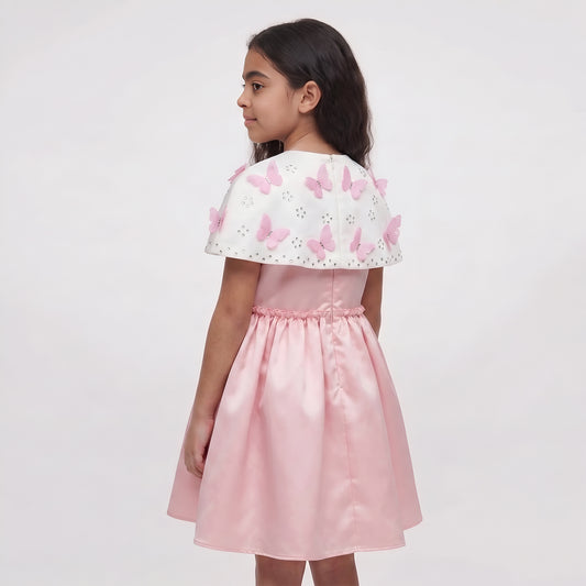 Whimsical Girls Pastel Pink Satin butterfly theme Party Dress with Cape