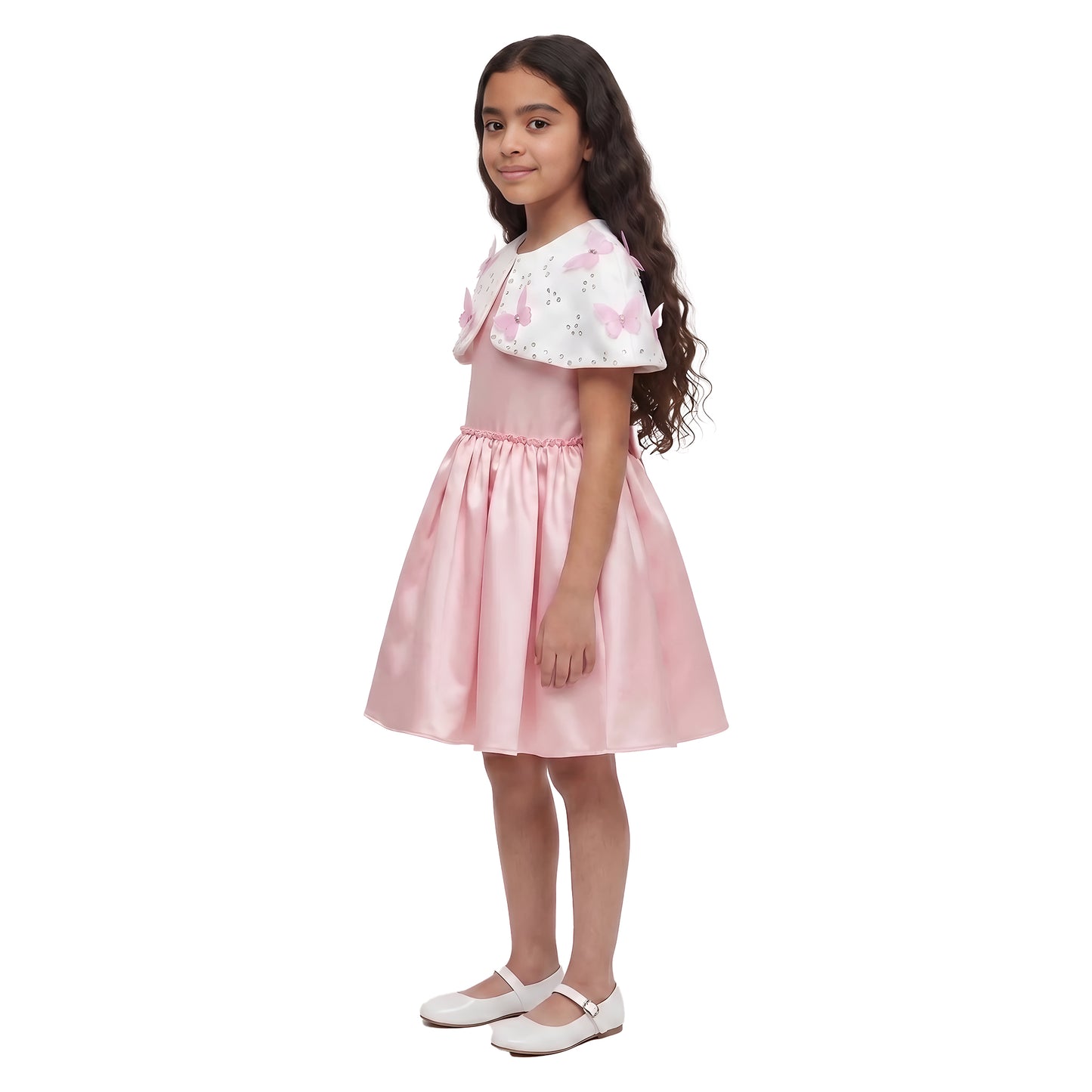 Whimsical Girls Pastel Pink Satin butterfly theme Party Dress with Cape