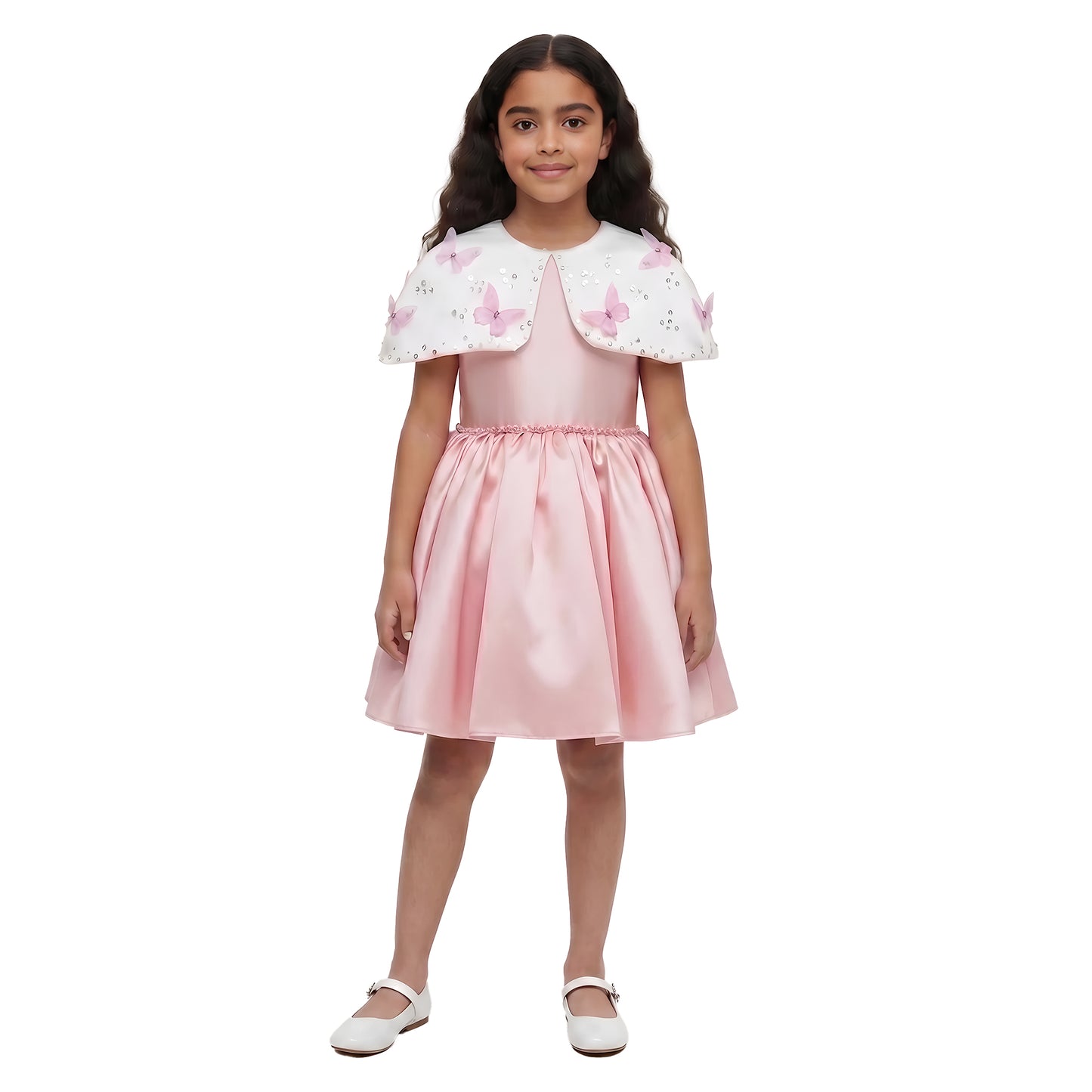 Whimsical Girls Pastel Pink Satin butterfly theme Party Dress with Cape