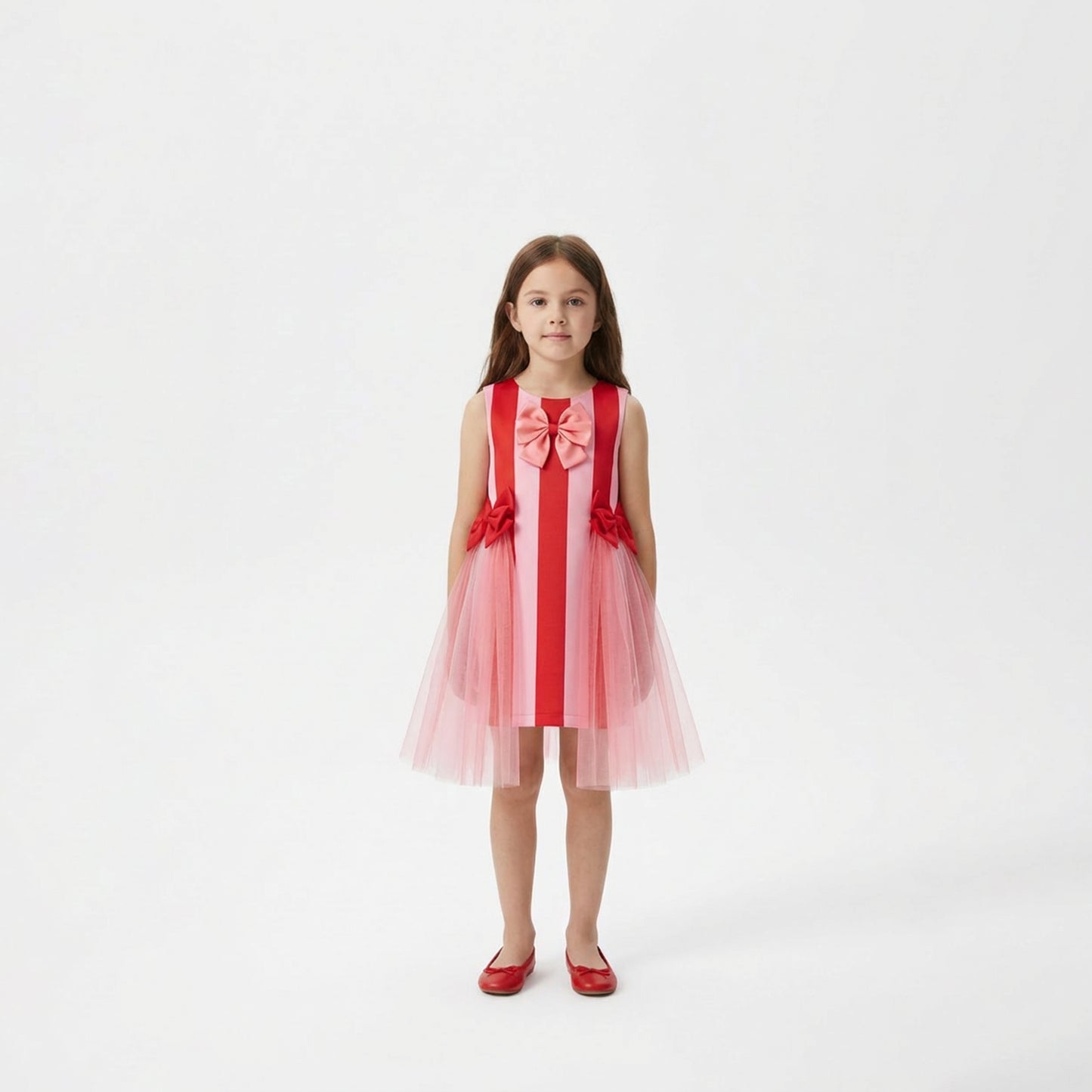 Girls' Pink and Red Striped Bow Dress with Tulle Overlay