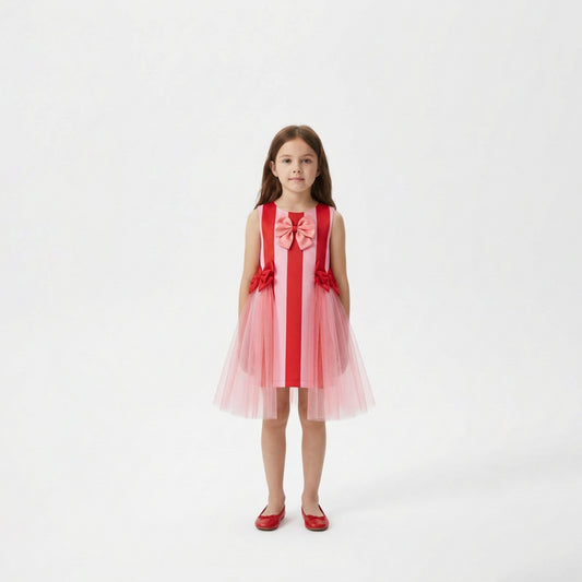 Girls' Pink and Red Striped Bow Dress with Tulle Overlay