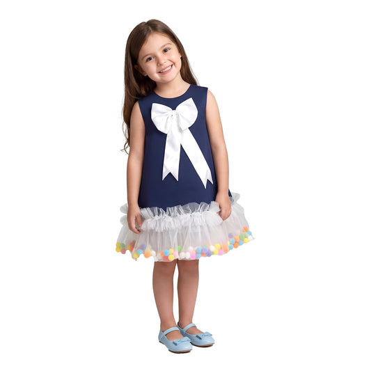 Navy Blue Pom-Pom Tulle Ruffle Dress