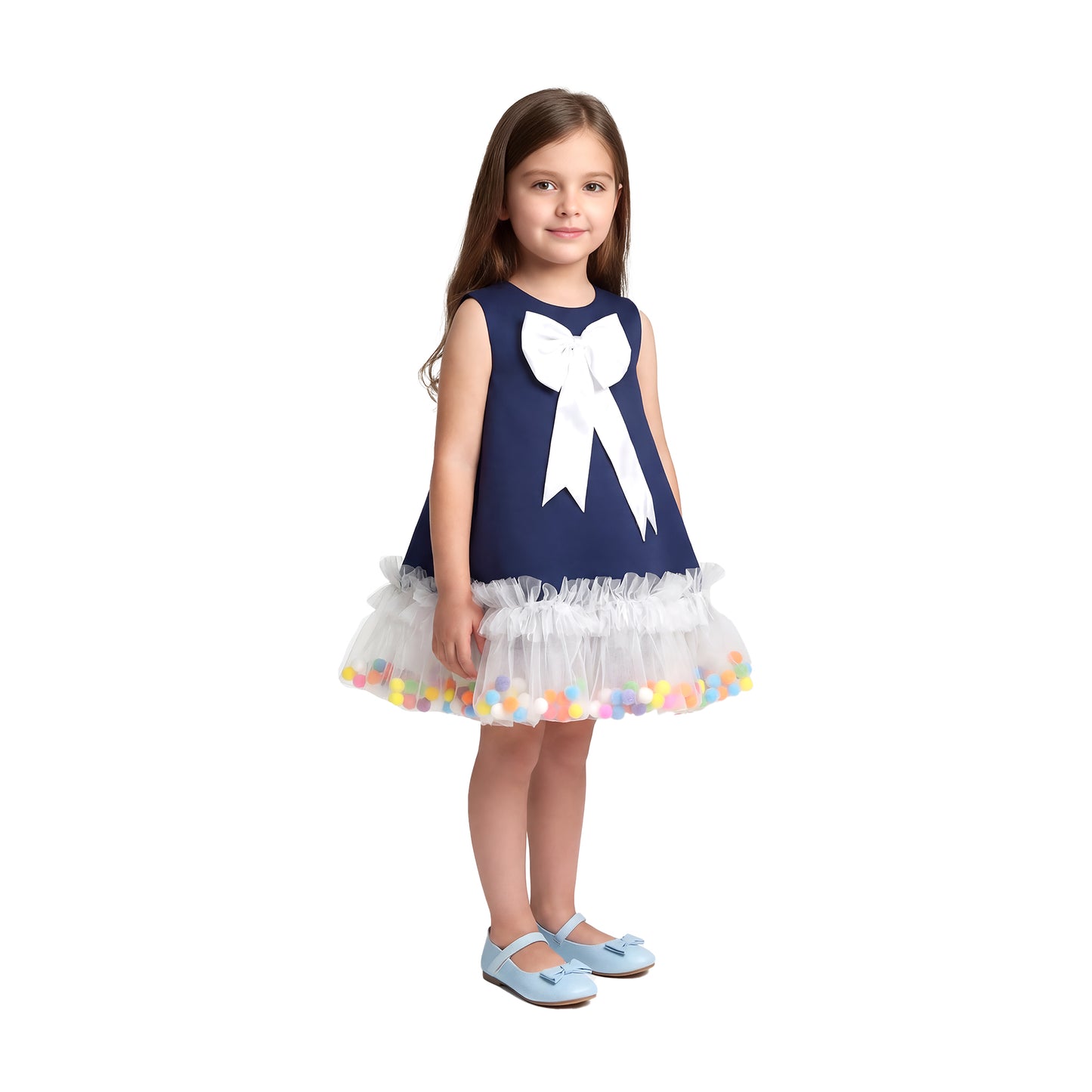 Navy Blue Pom-Pom Tulle Ruffle Dress