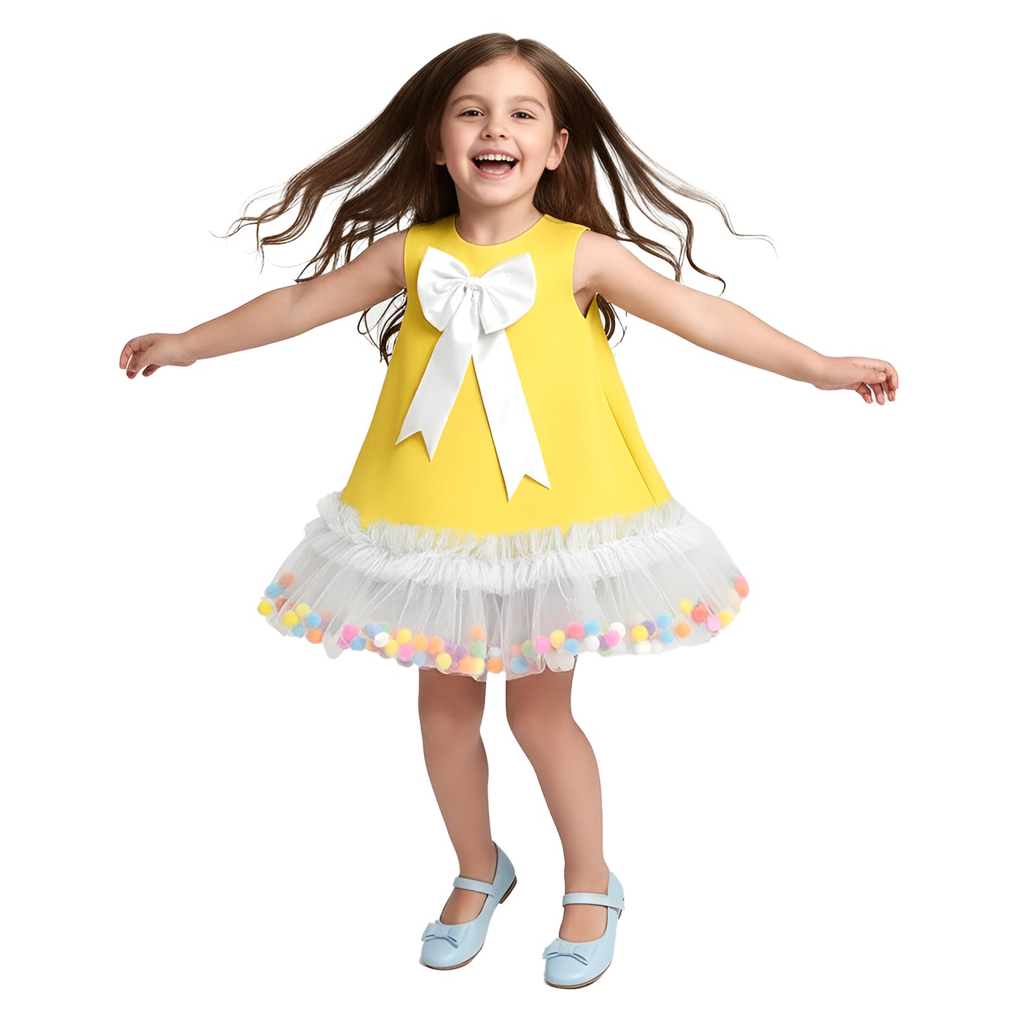 Yellow Pom-Pom Tulle Ruffle Dress