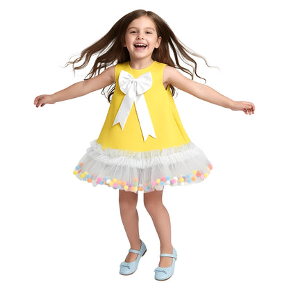 Yellow Pom-Pom Tulle Ruffle Dress