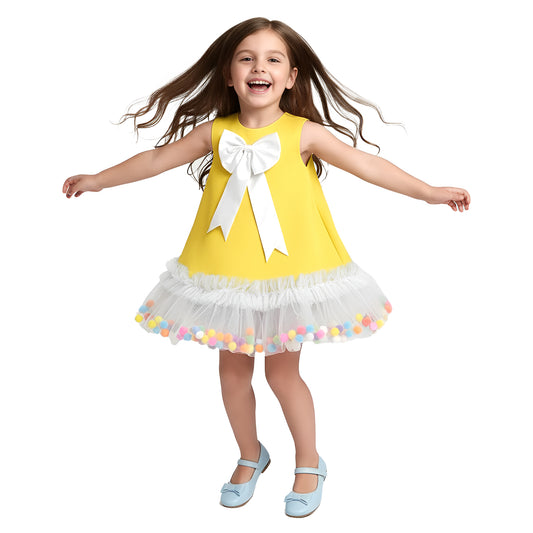 Yellow Pom-Pom Tulle Ruffle Dress