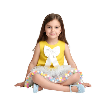 Yellow Pom-Pom Tulle Ruffle Dress
