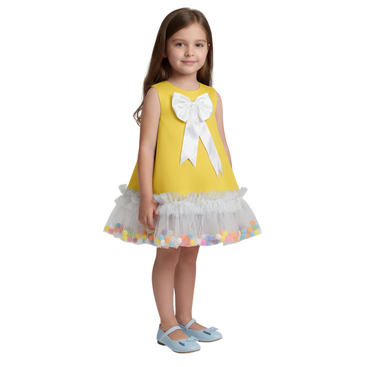 Yellow Pom-Pom Tulle Ruffle Dress