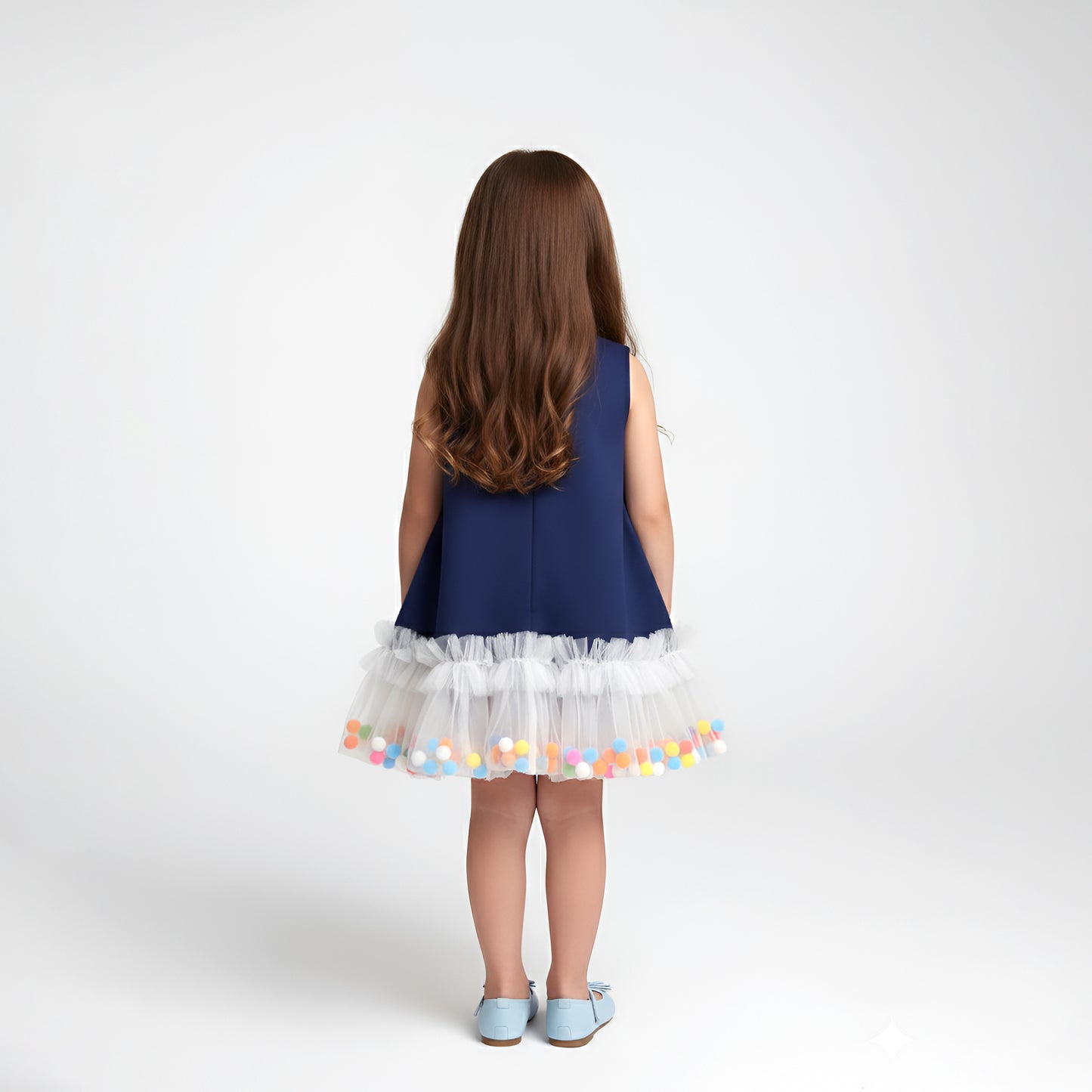 Navy Blue Pom-Pom Tulle Ruffle Dress