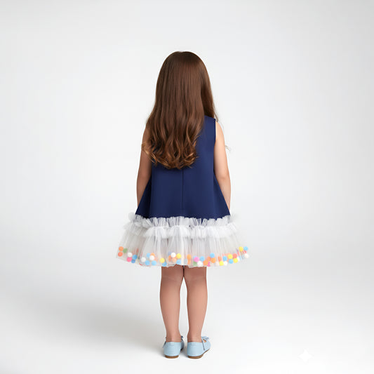 Navy Blue Pom-Pom Tulle Ruffle Dress