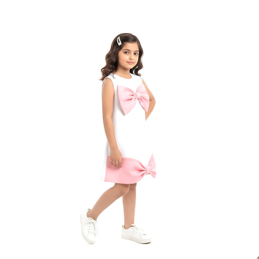 The Darling Bow A-Line Dress – White & Blush Pink