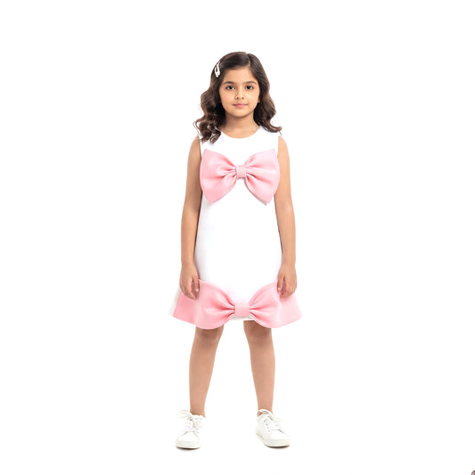 The Darling Bow A-Line Dress – White & Blush Pink