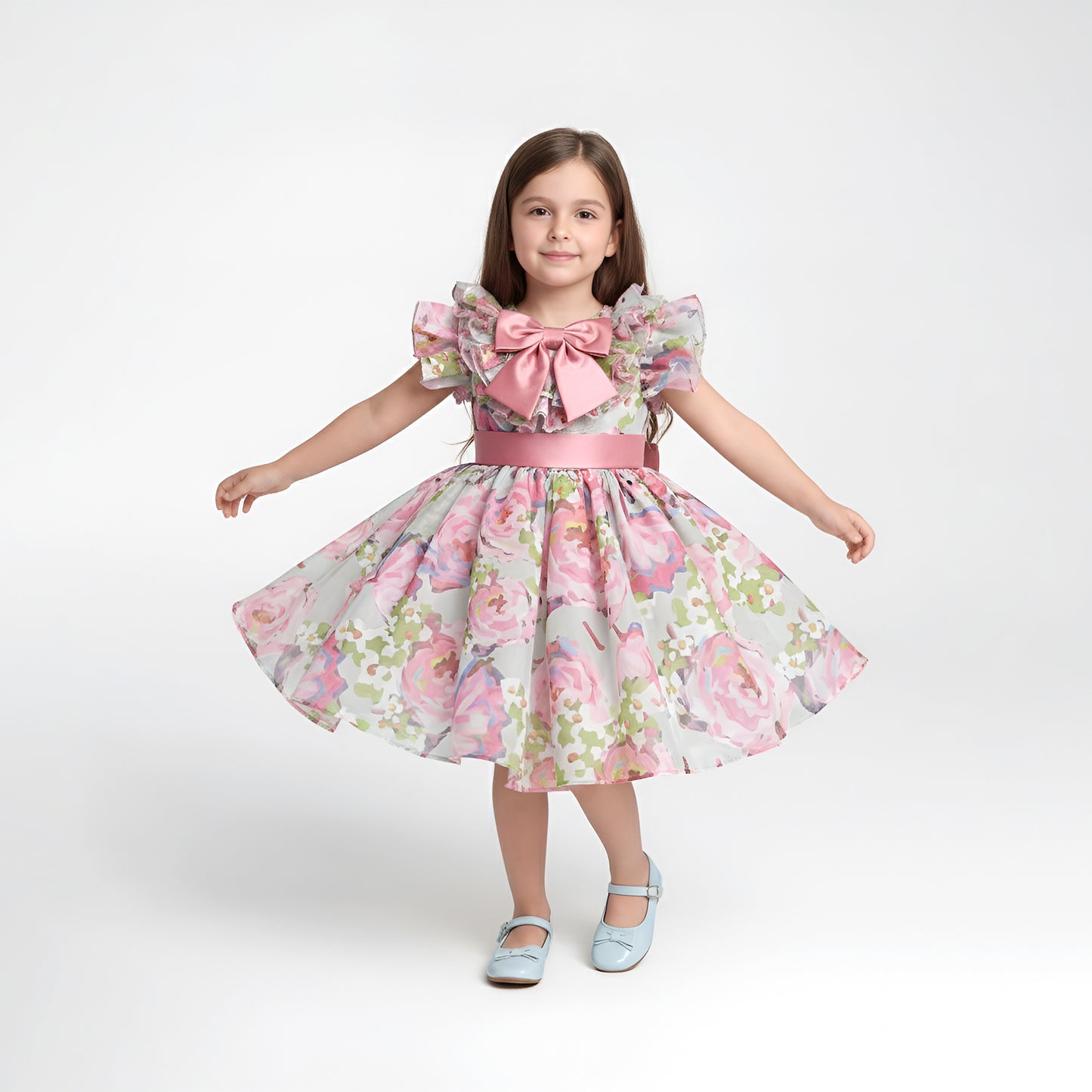 Elegant Pink & Sage Floral Organza Girls' Party Dress
