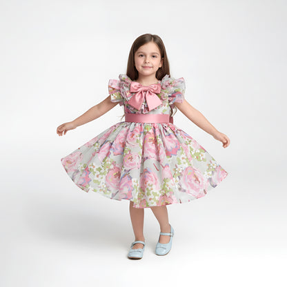 Elegant Pink & Sage Floral Organza Girls' Party Dress