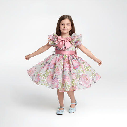 Elegant Pink & Sage Floral Organza Girls' Party Dress