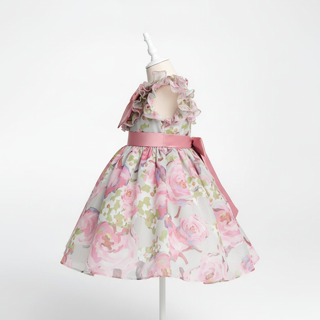 Elegant Pink & Sage Floral Organza Girls' Party Dress