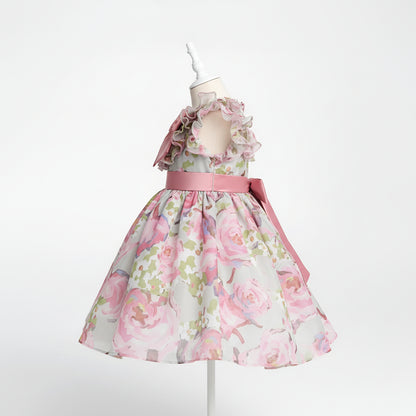 Elegant Pink & Sage Floral Organza Girls' Party Dress