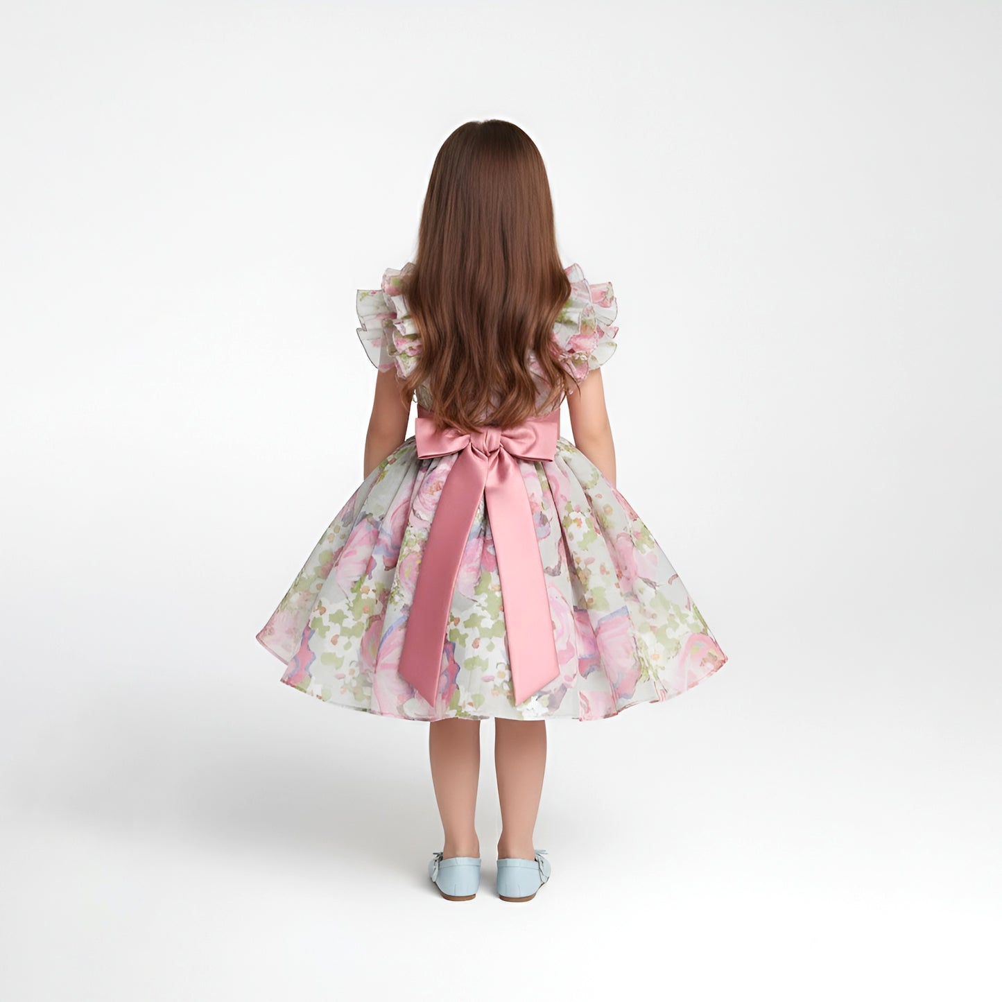 Elegant Pink & Sage Floral Organza Girls' Party Dress