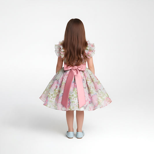 Elegant Pink & Sage Floral Organza Girls' Party Dress
