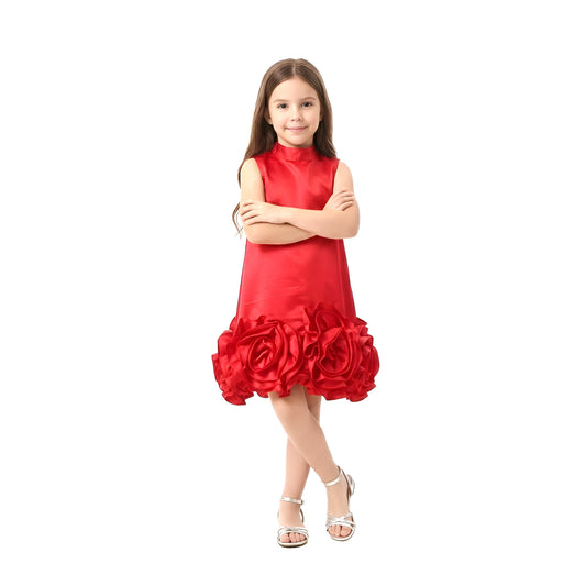 Elegant Girls’ Red Satin Rosette Party Dress