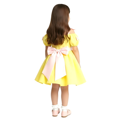 Girls' Yellow Cold-Shoulder Party Dress with Pink Bow and Ribbon Accents