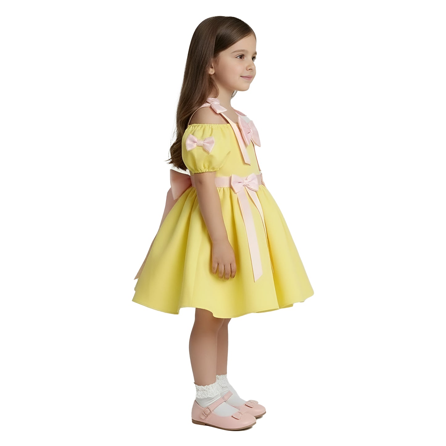 Girls' Yellow Cold-Shoulder Party Dress with Pink Bow and Ribbon Accents