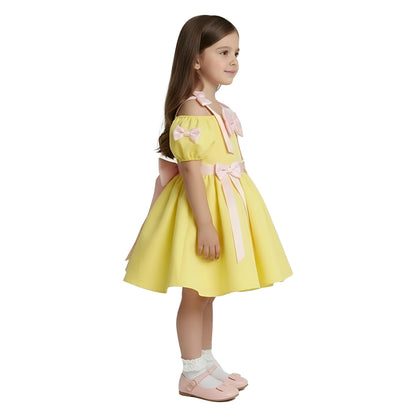 Girls' Yellow Cold-Shoulder Party Dress with Pink Bow and Ribbon Accents
