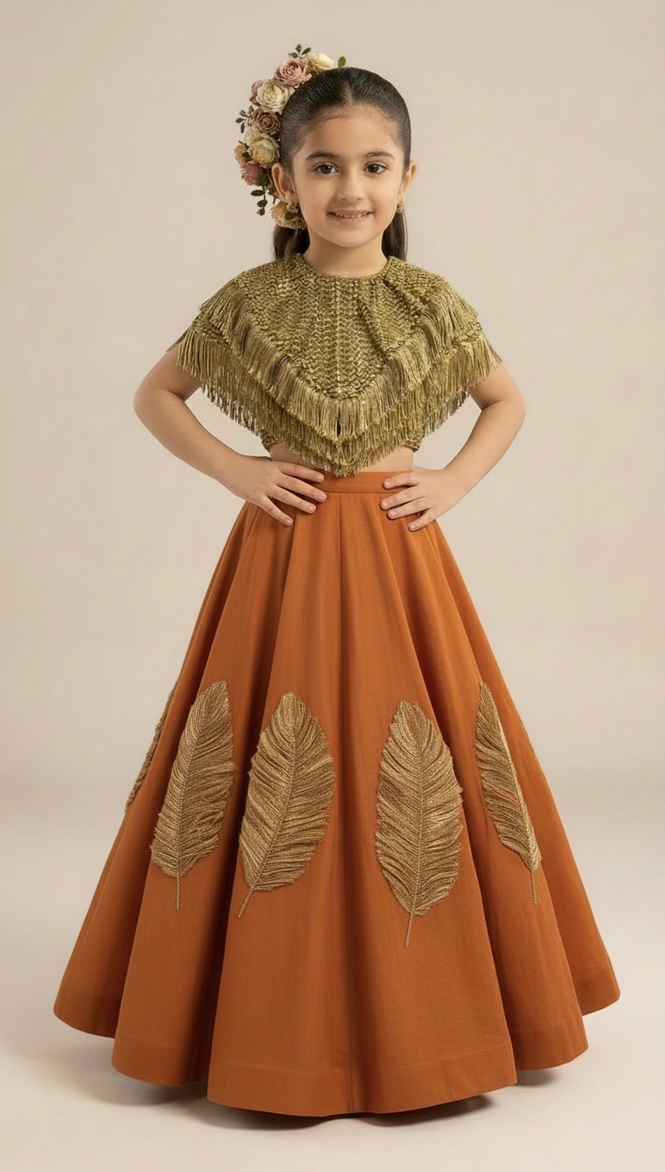 Golden Fringe Cape & Rust Feather Motif Lehenga Set for Girl