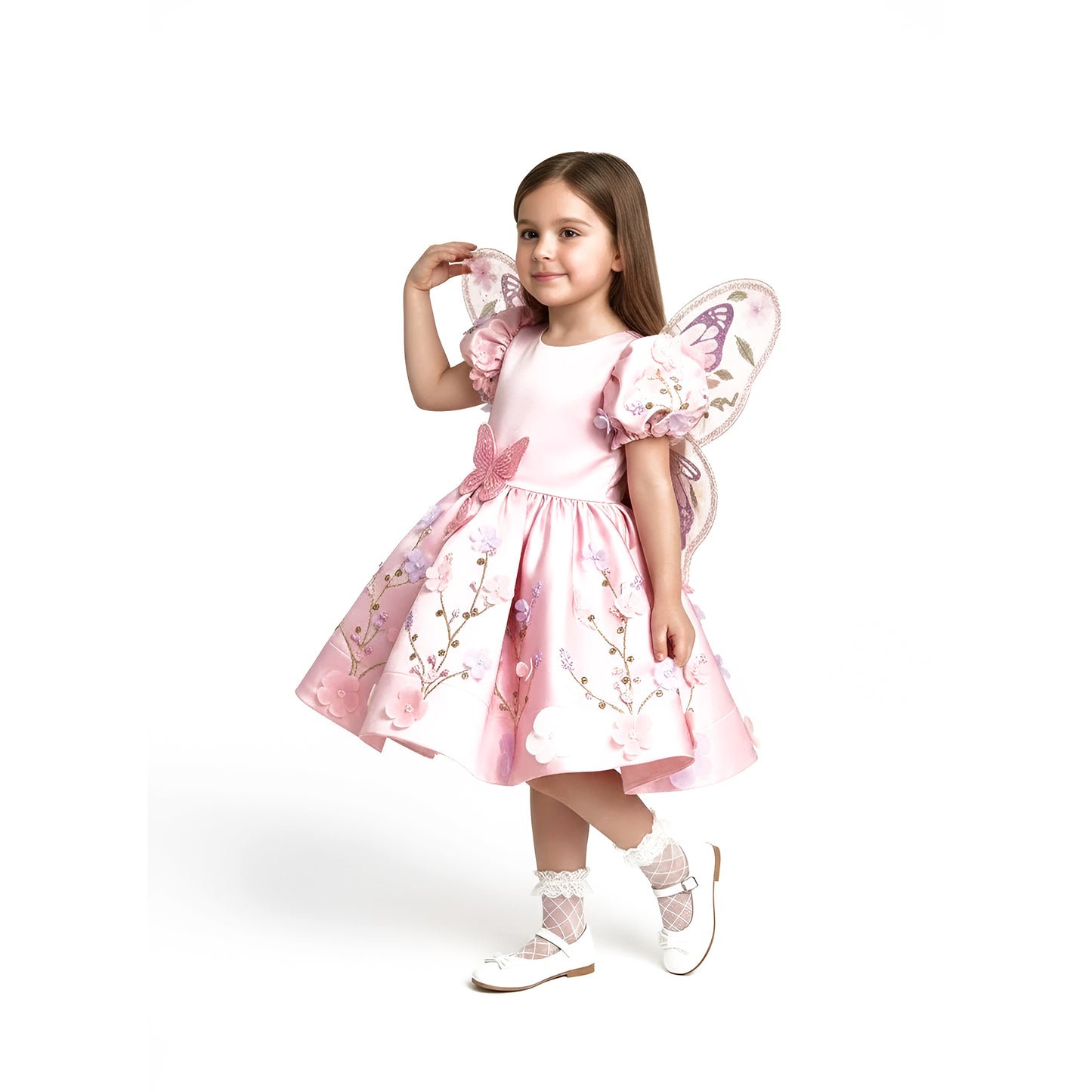 Enchanted Pink Butterfly Fairy Dress with Detachable Wings