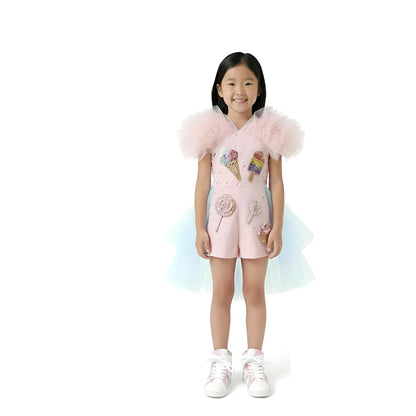 Girls Candy-Themed Birthday Romper with Detachable Tulle Skirt