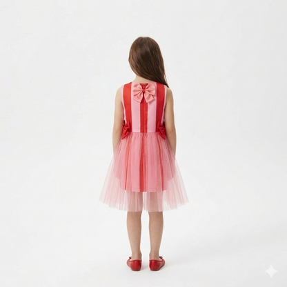 Girls' Pink and Red Striped Bow Dress with Tulle Overlay