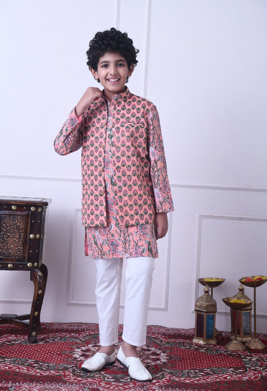 Charming Peach Floral Nehru Jacket and Coord Set for Boys