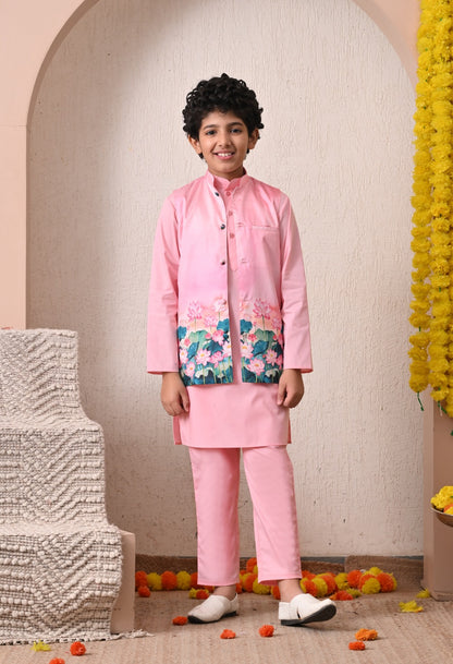 Charming Pink Printed Nehru Jacket and Coord Set for Boys
