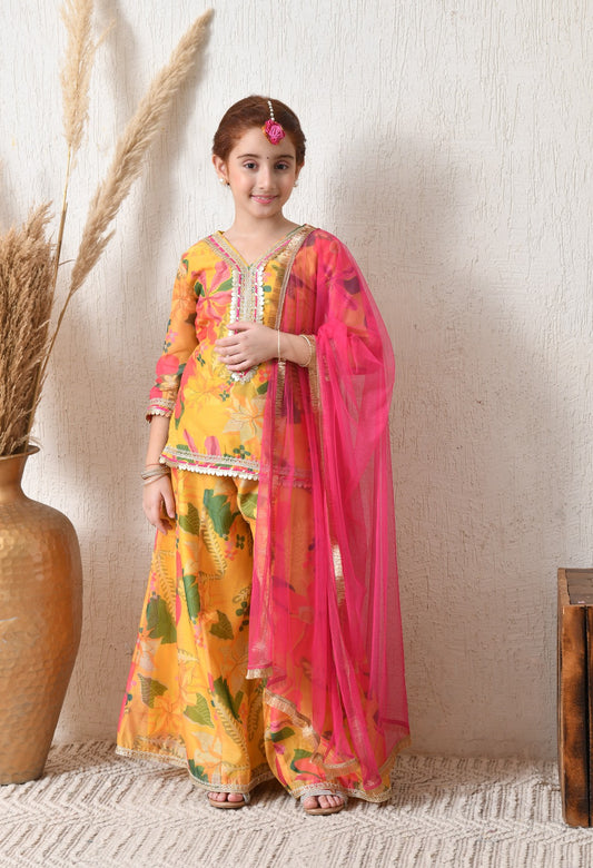 Vibrant Yellow and Pink Floral Festive Sharara Set for Kids
