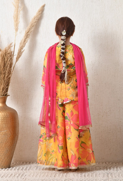 Vibrant Yellow and Pink Floral Festive Sharara Set for Kids