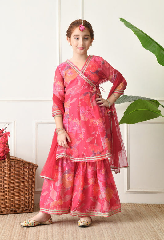 Stunning Pink Floral Angrakha Sharara Set for Kids