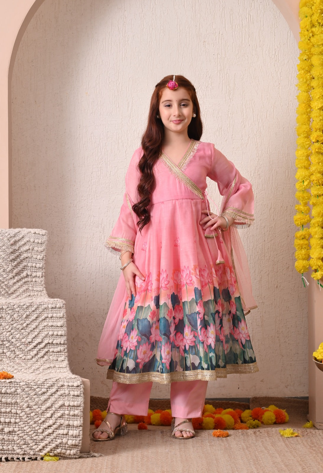 Charming Pink Floral Angrakha Kurta Set