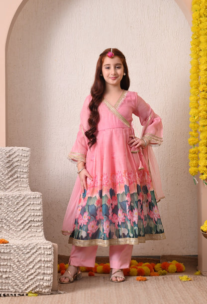 Charming Pink Floral Angrakha Kurta Set