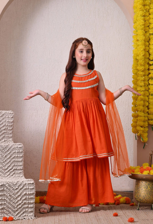 Vibrant Orange Festive Sharara Set for Kids