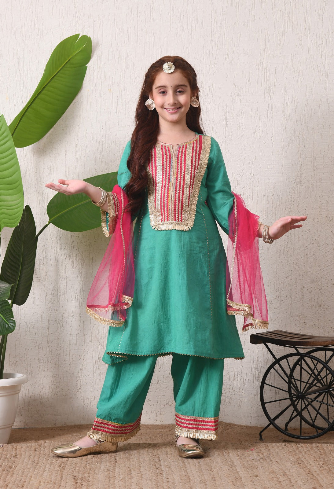 Graceful Teal Green and Pink Ethnic Suit Set for Kids