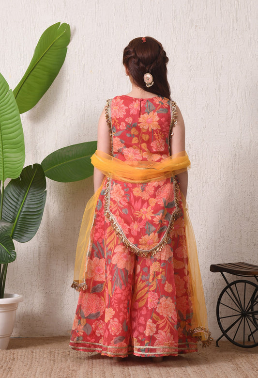 Floral Red and Yellow Ethnic Sharara Set for Kids