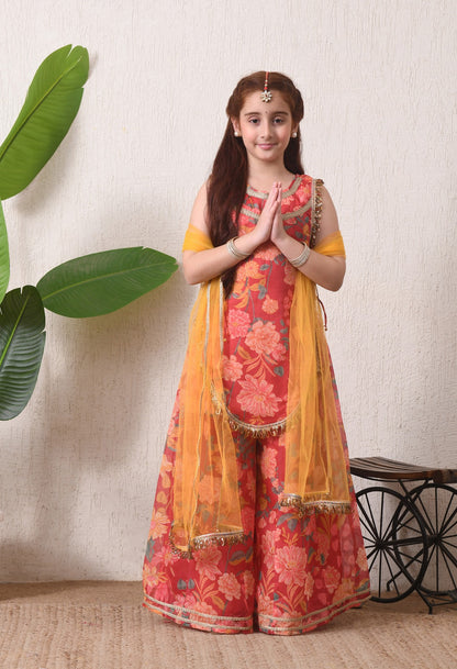 Floral Red and Yellow Ethnic Sharara Set for Kids