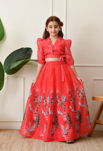 Charming Red Printed Crop Top and Long Skirt Set for Kids