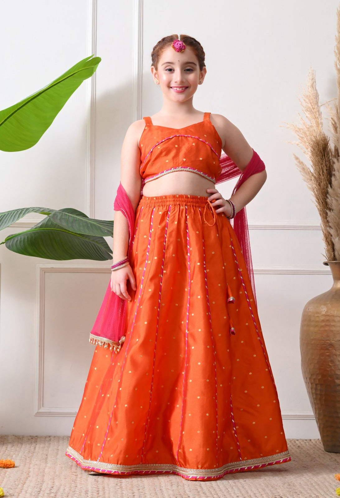 Vibrant Orange and Pink Lehanga Choli Set for Kids