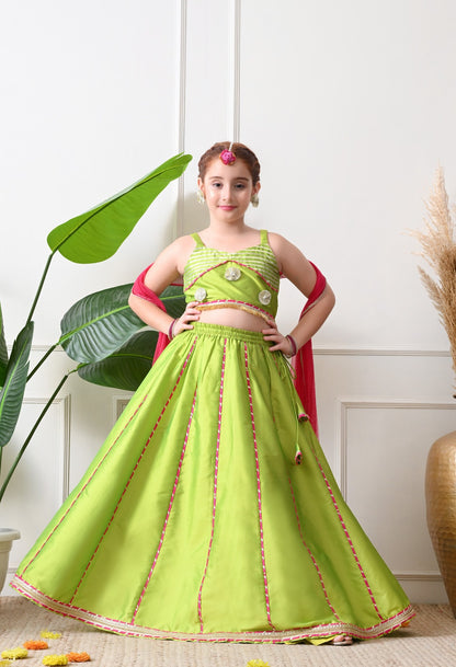 Charming Lime Green and Pink Lehanga Choli Set for Kids