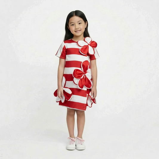 Petal Striped Dress Red and white
