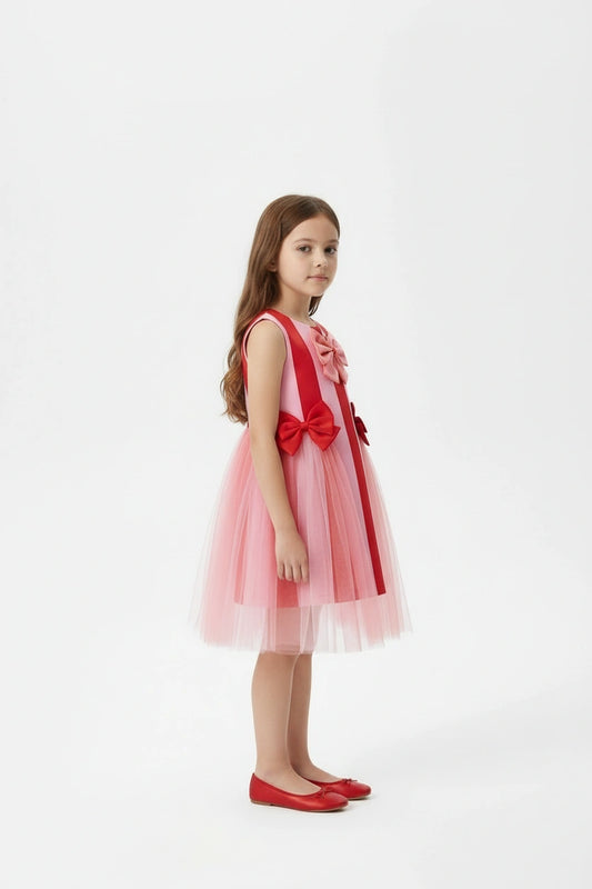 Girls' Pink and Red Striped Bow Dress with Tulle Overlay