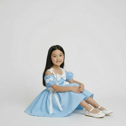 Girls’ Light Blue Bow & Ribbon Occasion Dress