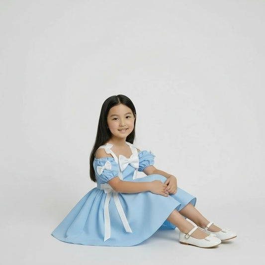 Girls’ Light Blue Bow & Ribbon Occasion Dress